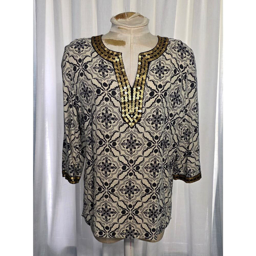 Susan Bristol Tunic Top Geometric Floral attern Gold Sequins Linen Blend Size XL